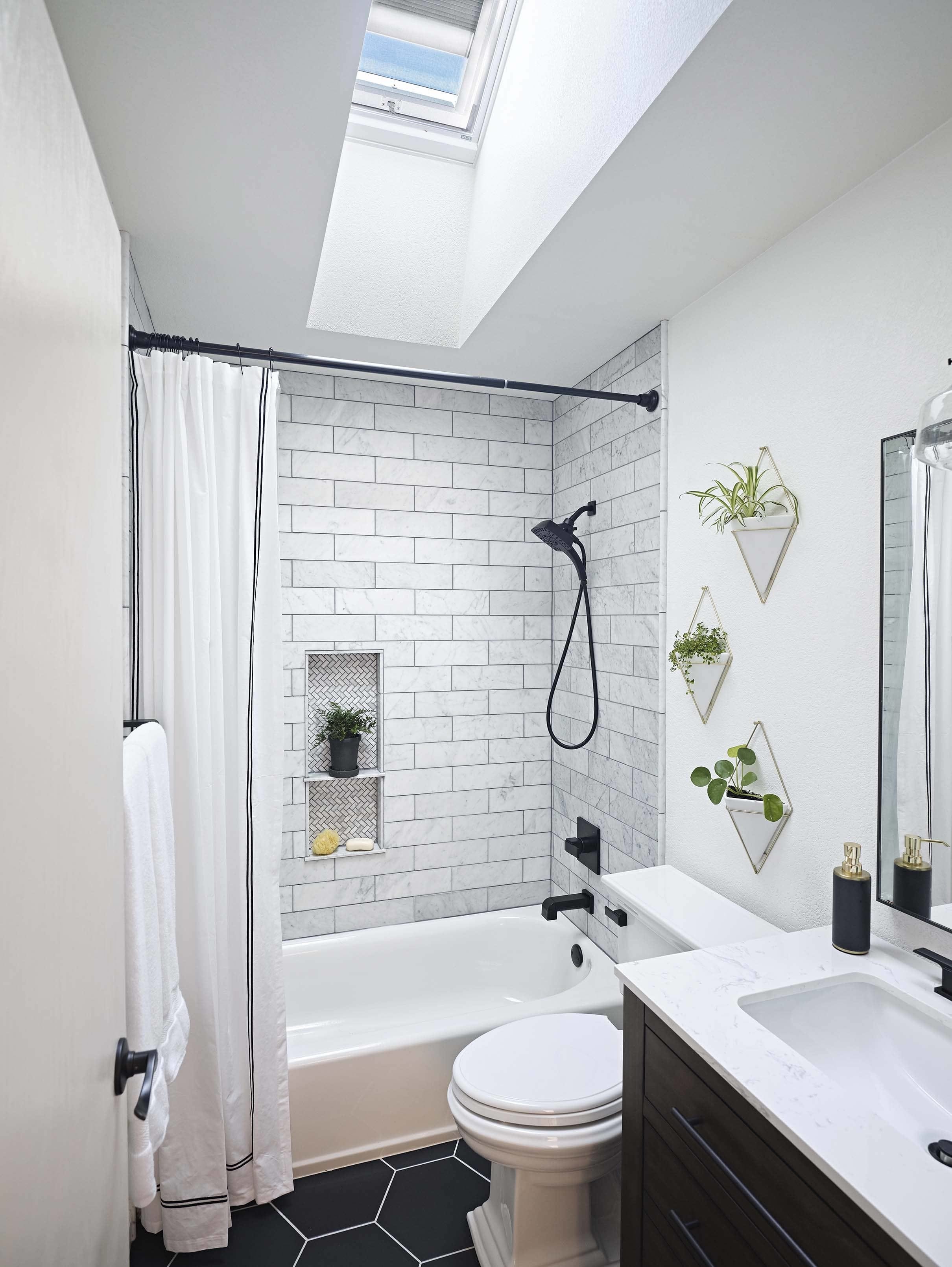 Bathroom black white skylight plants