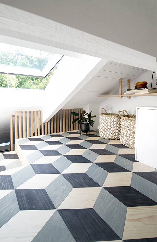 Loft with skylight and blue and white checkered floor